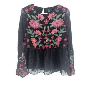 American Eagle Women's Embroidered Floral Peplum Blouse Black Sz S Whimsygoth